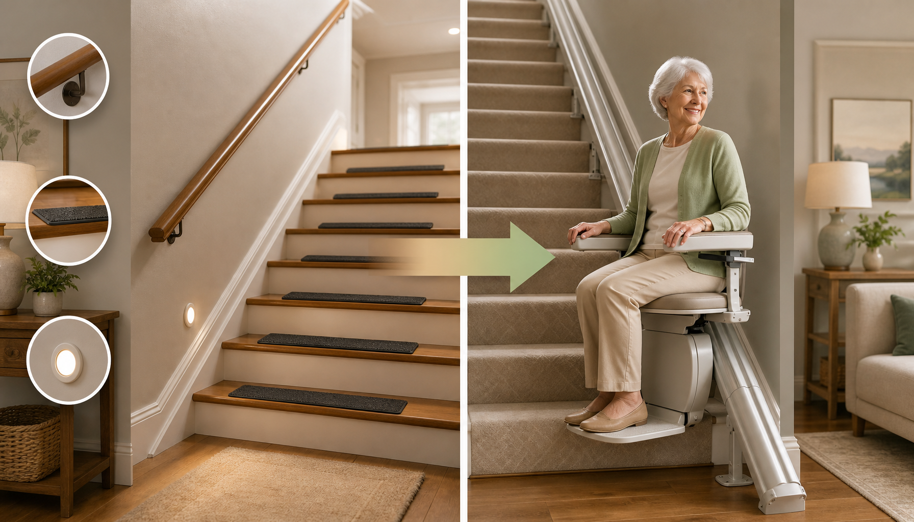 An editorial-style side-by-side illustration showing two stair safety approaches: on the left, a staircase with handrails, non-slip treads, and good lighting representing low-cost fixes; on the right, a stair lift on a staircase with an older adult seated in it. A visual bridge or arrow between them represents the decision threshold.