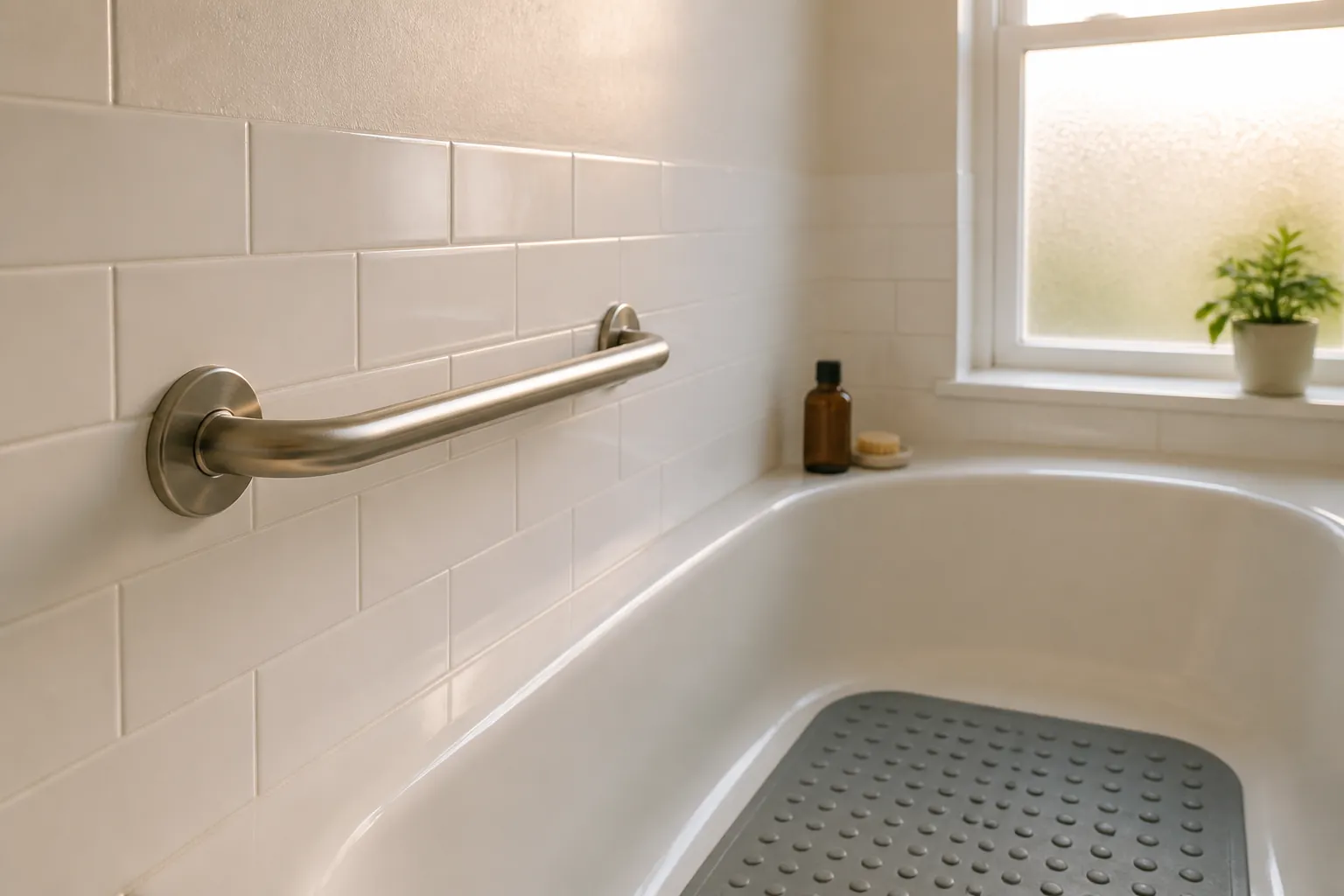 Stainless steel grab bar mounted beside a bathtub with a non-slip bath mat