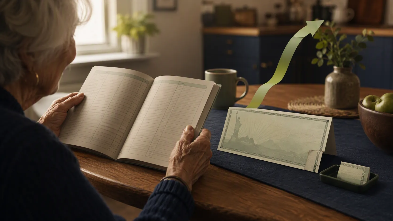 Elderly woman's hands holding a household budget ledger beside a benefits check, with most of a raise remaining after a small deduction