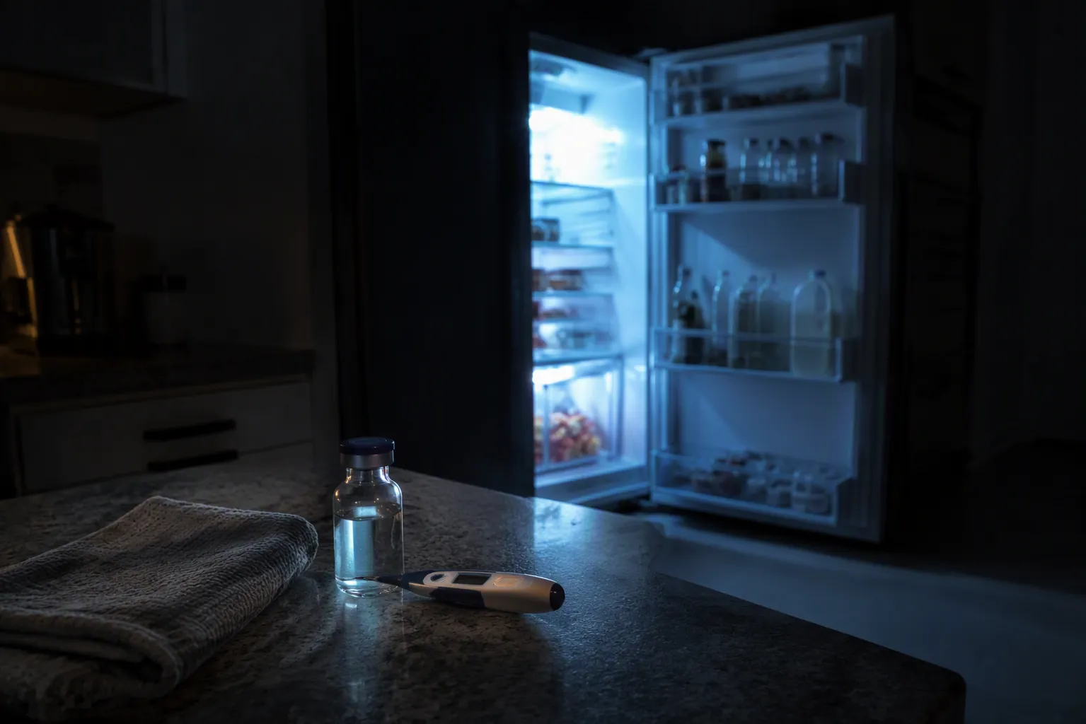 Open refrigerator during a power outage with a medication vial, thermometer, and folded towel on the counter