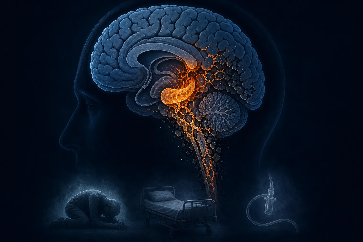 Medical illustration of neurodegeneration spreading from the hippocampus toward the brainstem with physical decline shown beneath