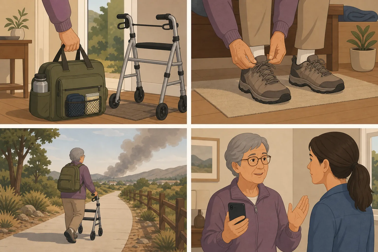 Four-panel illustration of an older adult following the grab, dress, move, and tell evacuation sequence