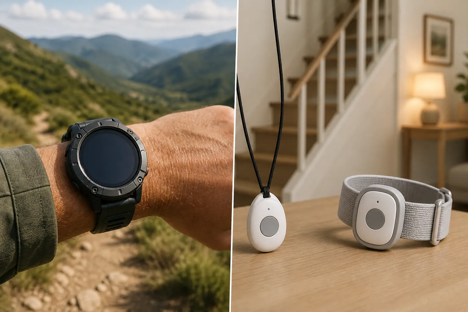 Comparison of a rugged sports smartwatch outdoors and a medical alert device in a home