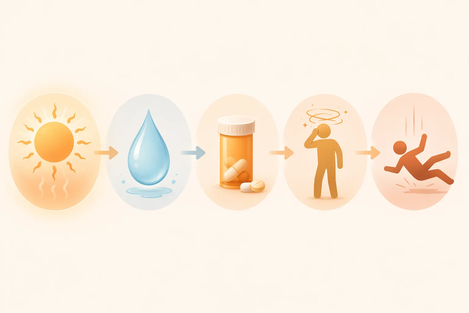 Visual chain showing sun, water droplet, pill bottle, dizzy figure, and falling figure