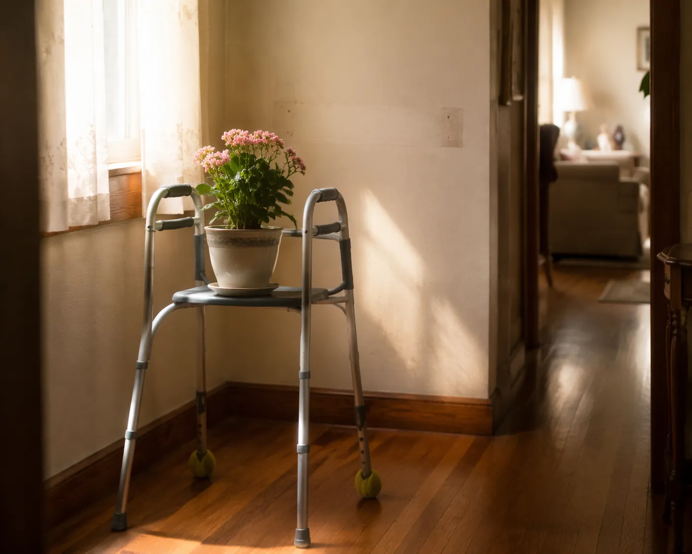 A walker in a hallway holding a flowering plant, with faint wall marks where a grab bar was once mounted