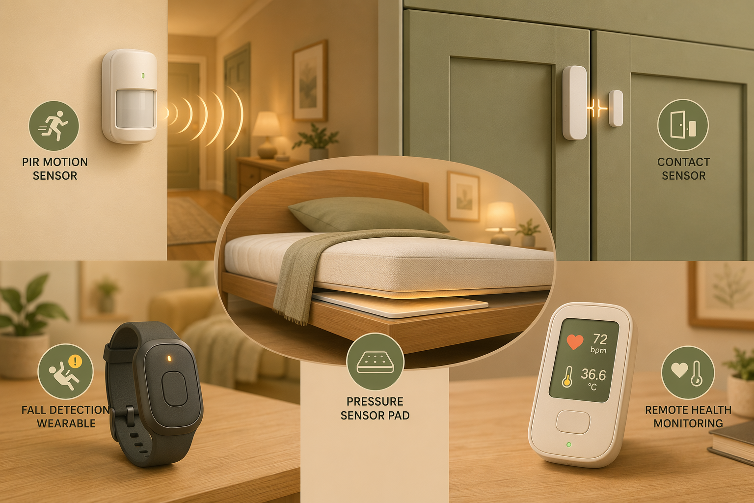 Editorial illustration showing five monitoring sensor types arranged across a home environment: a PIR motion sensor, a contact sensor, a pressure sensor pad, a wearable fall detection device, and a remote health monitoring device.