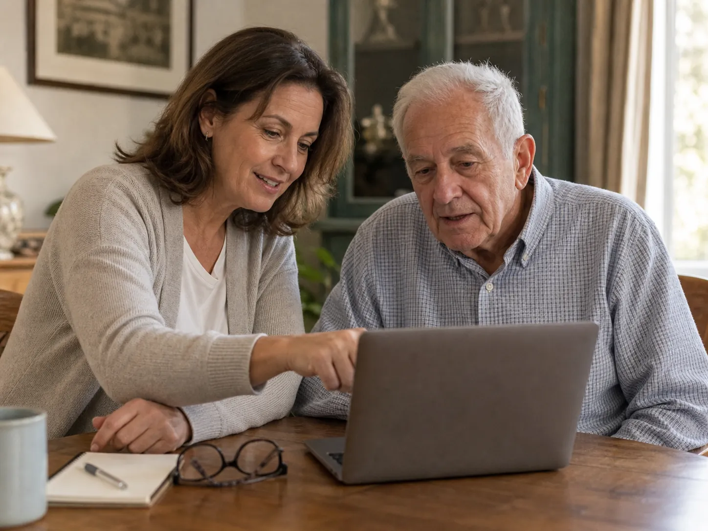 Adult daughter helping her older father use a laptop at a dining table