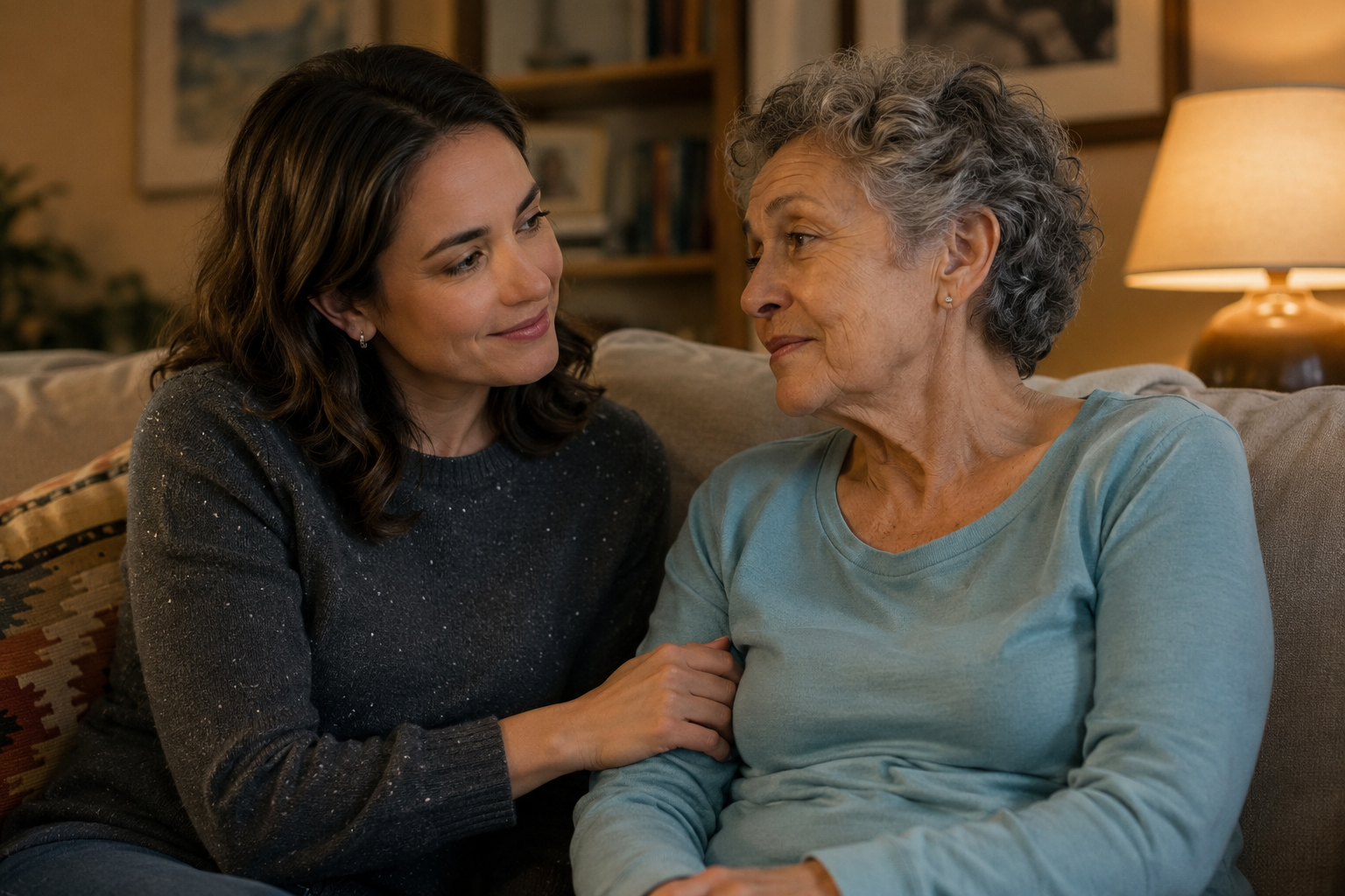 Adult daughter and elderly mother having a calm conversation on a living room couch