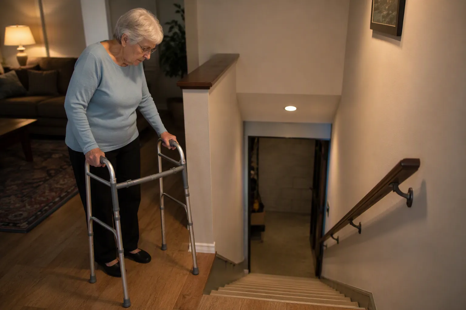 Older adult with a walker looking down a basement staircase during a tornado warning