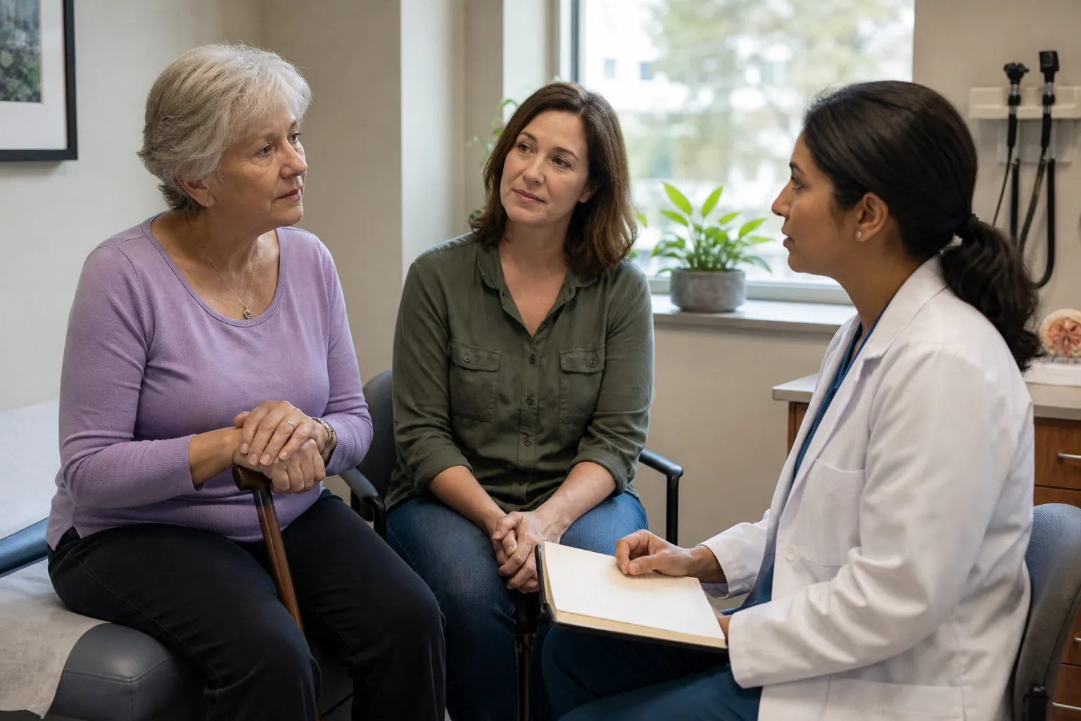 Older woman with a cane and her adult daughter speaking with a neurologist in a clinic exam room