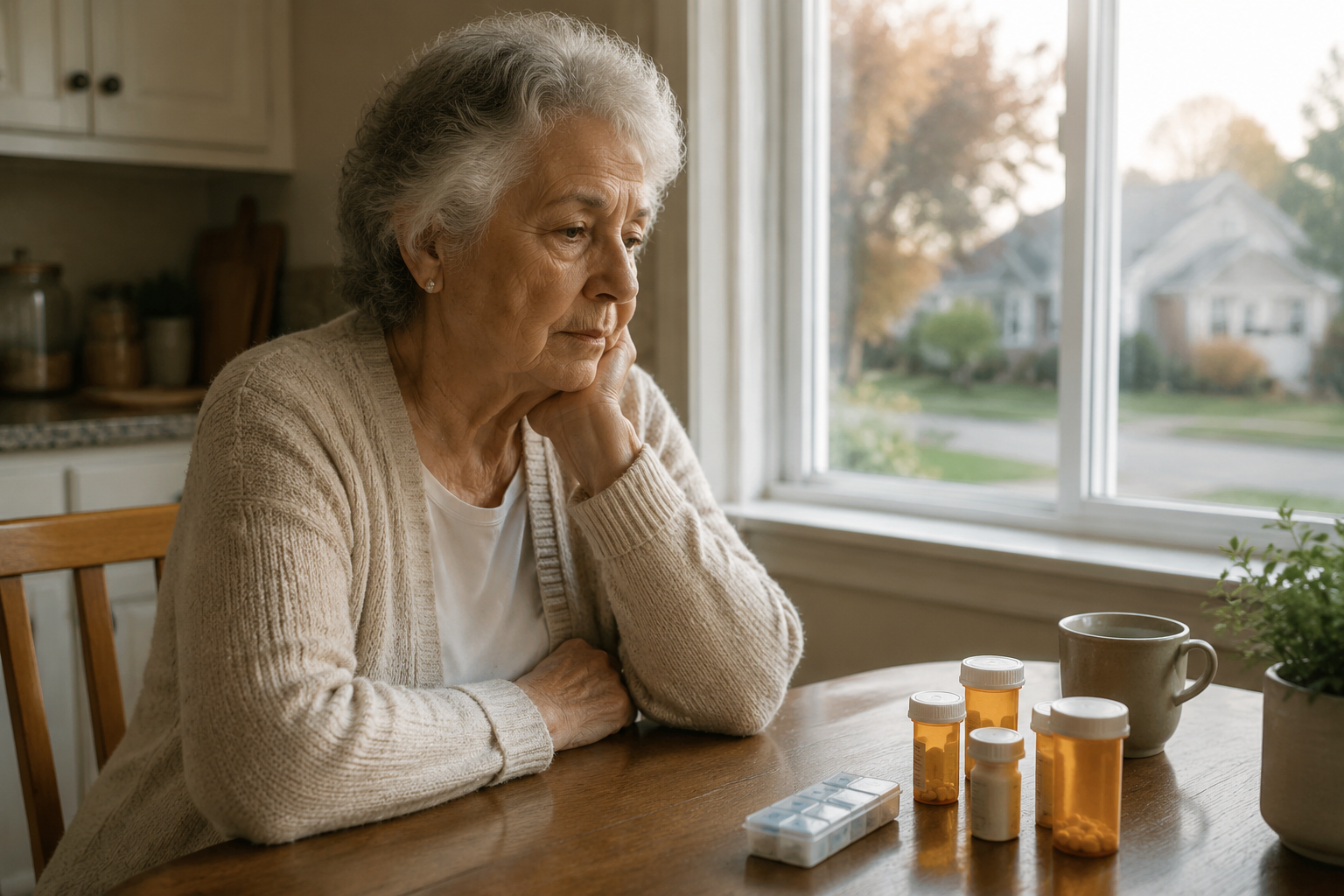 Older woman alone at a kitchen table with medicine bottles and papers while a quiet neighborhood is visible outside