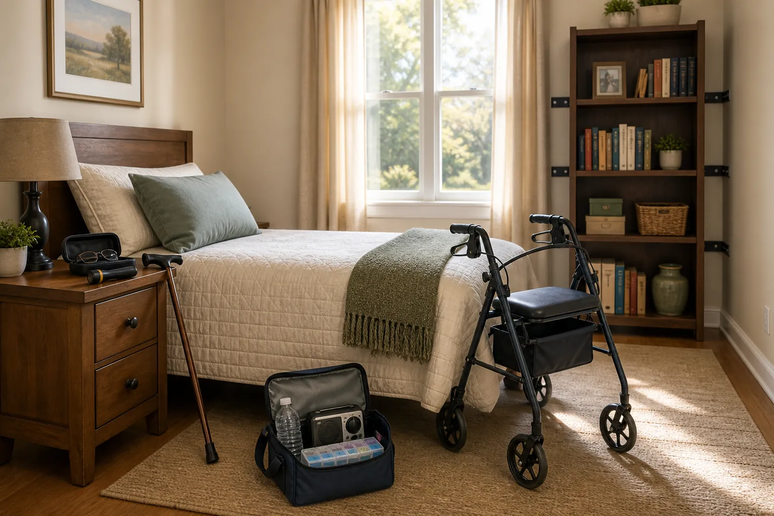 Bedroom prepared for an earthquake with a rollator walker, cane, eyeglasses case, emergency kit, water, radio, pill organizer, and secured bookshelf