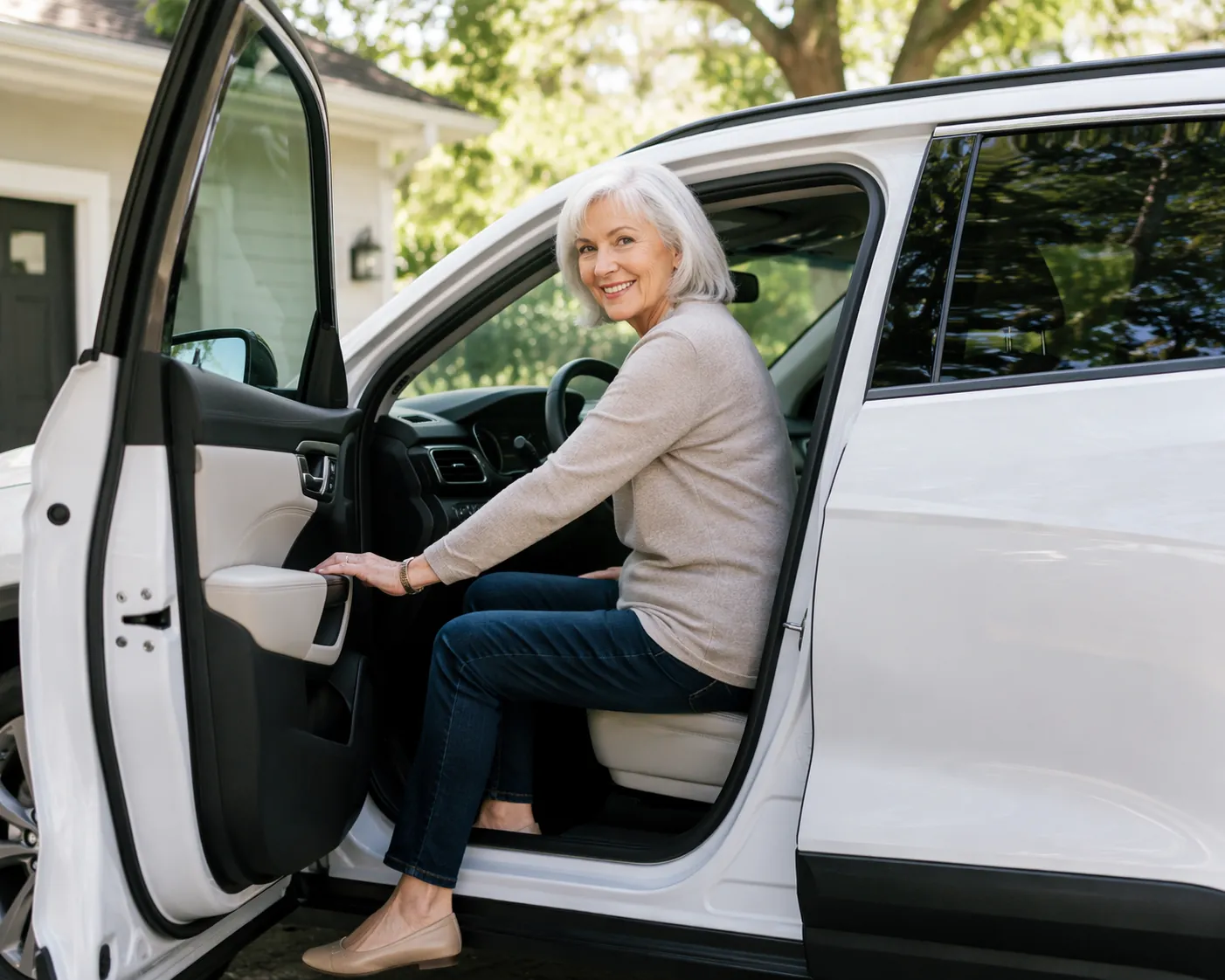 Older woman entering a white electric crossover with a wide door opening and raised seat