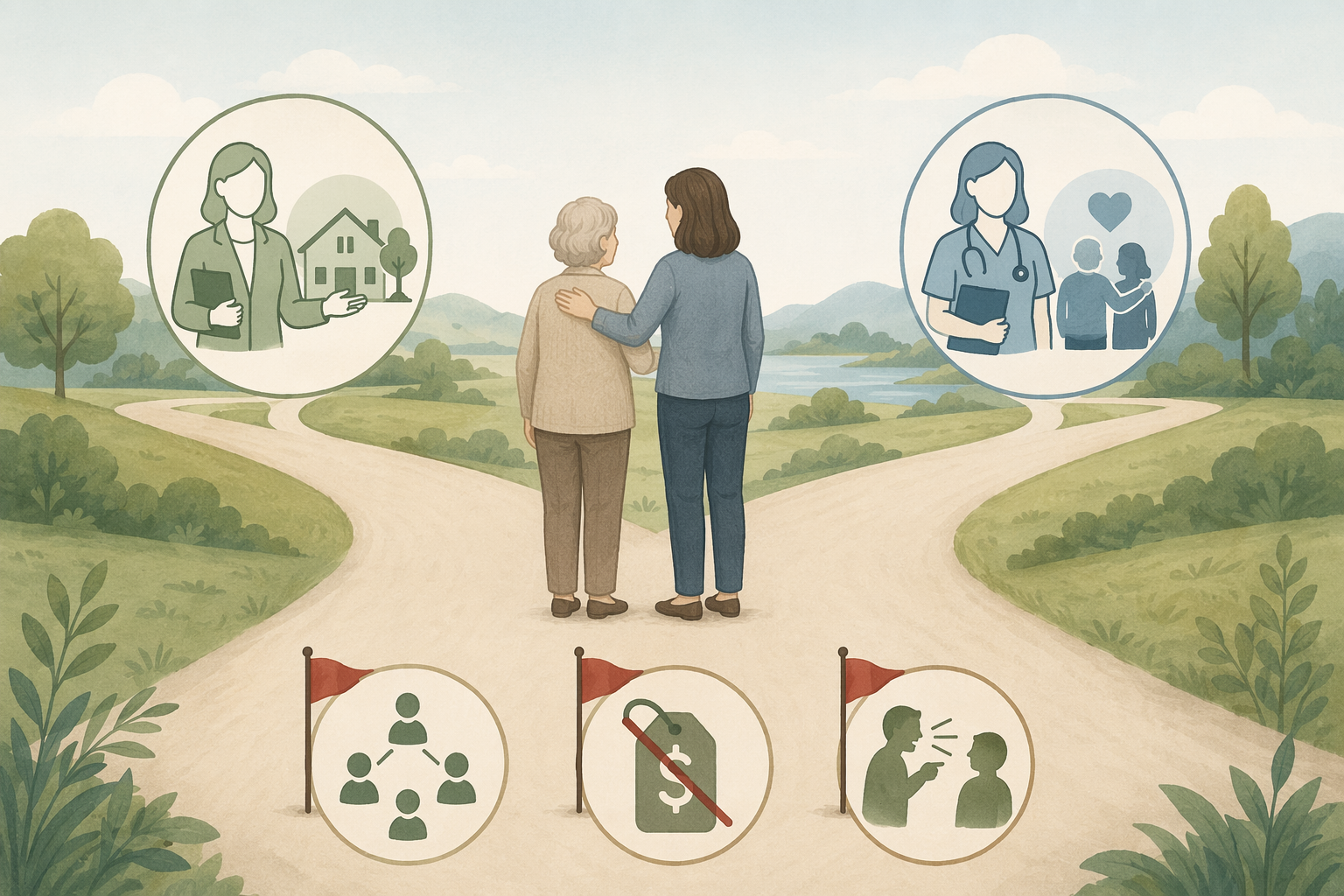 A decision-pathway illustration showing a family at a fork in the road with two paths: one toward a senior care advisor icon and one toward a geriatric care manager icon, with red flag warning symbols (limited network, undisclosed fees, high-pressure tactics) below.