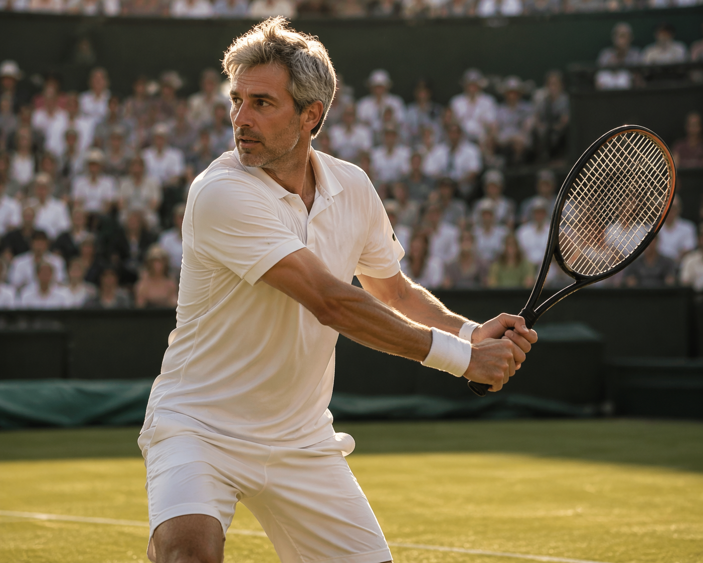 Older tennis player in white mid-swing on a grass court at golden hour