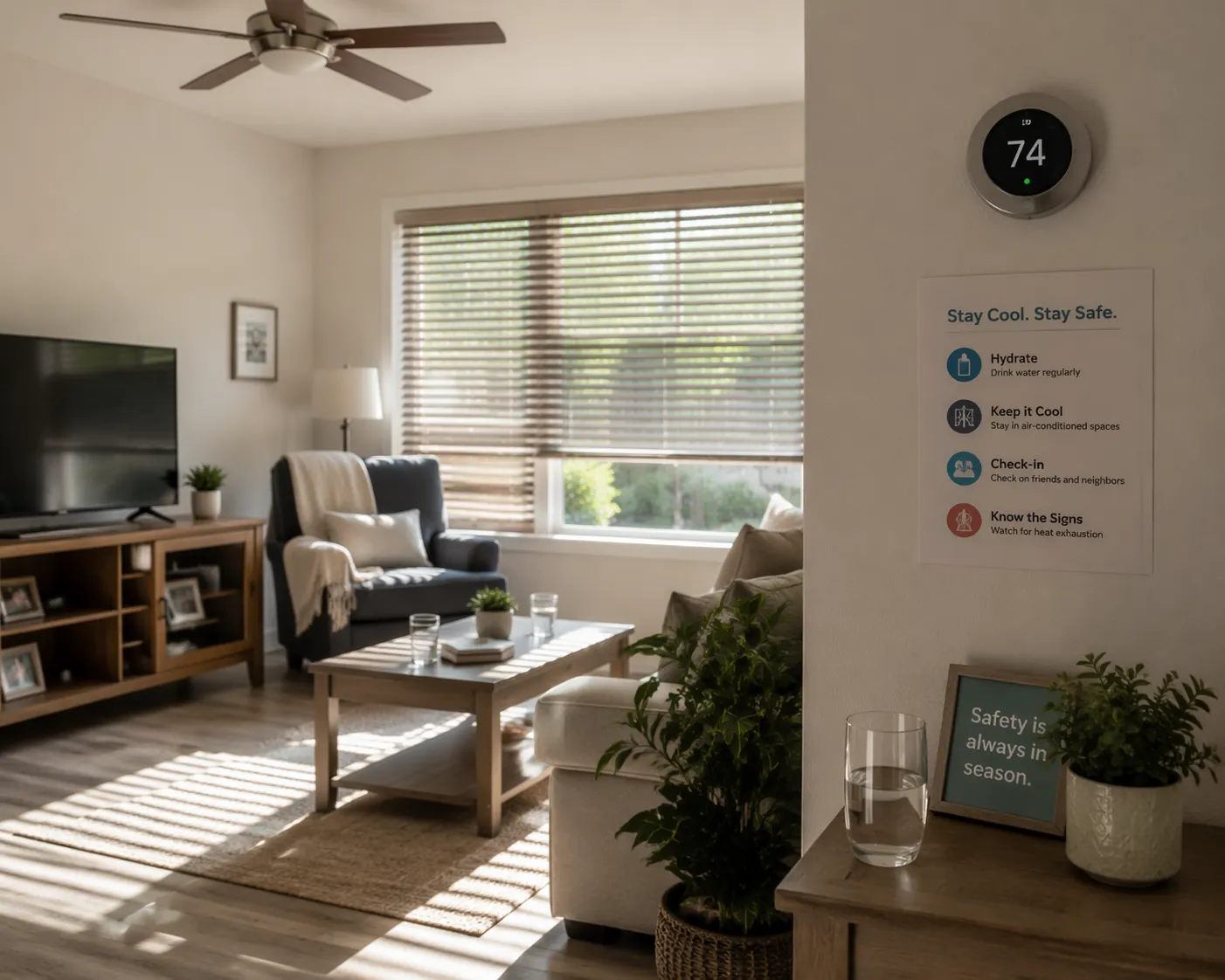 Living room prepared for heat safety with shaded windows, a visible thermostat, and a ceiling fan