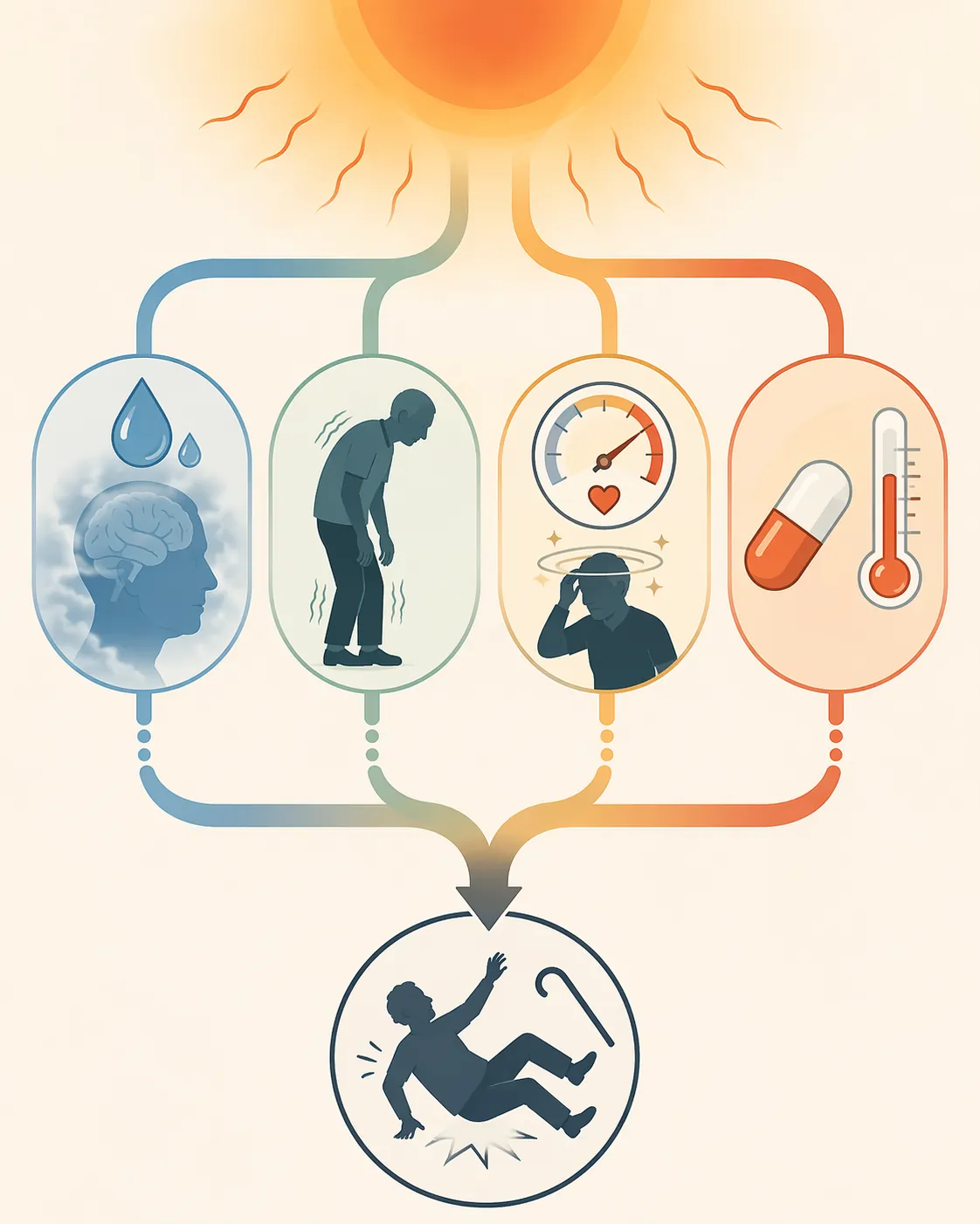 Infographic showing four heat-related pathways leading to fall risk