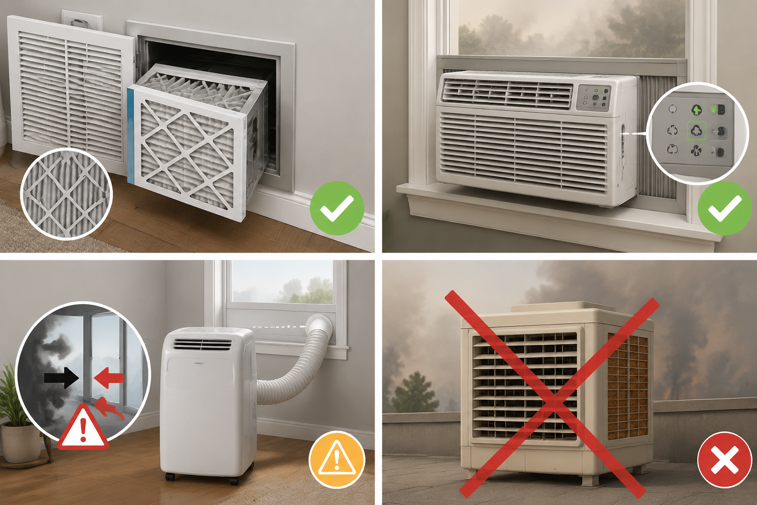 Four common cooling systems with filter, recirculate, portable AC, and evaporative cooler guidance