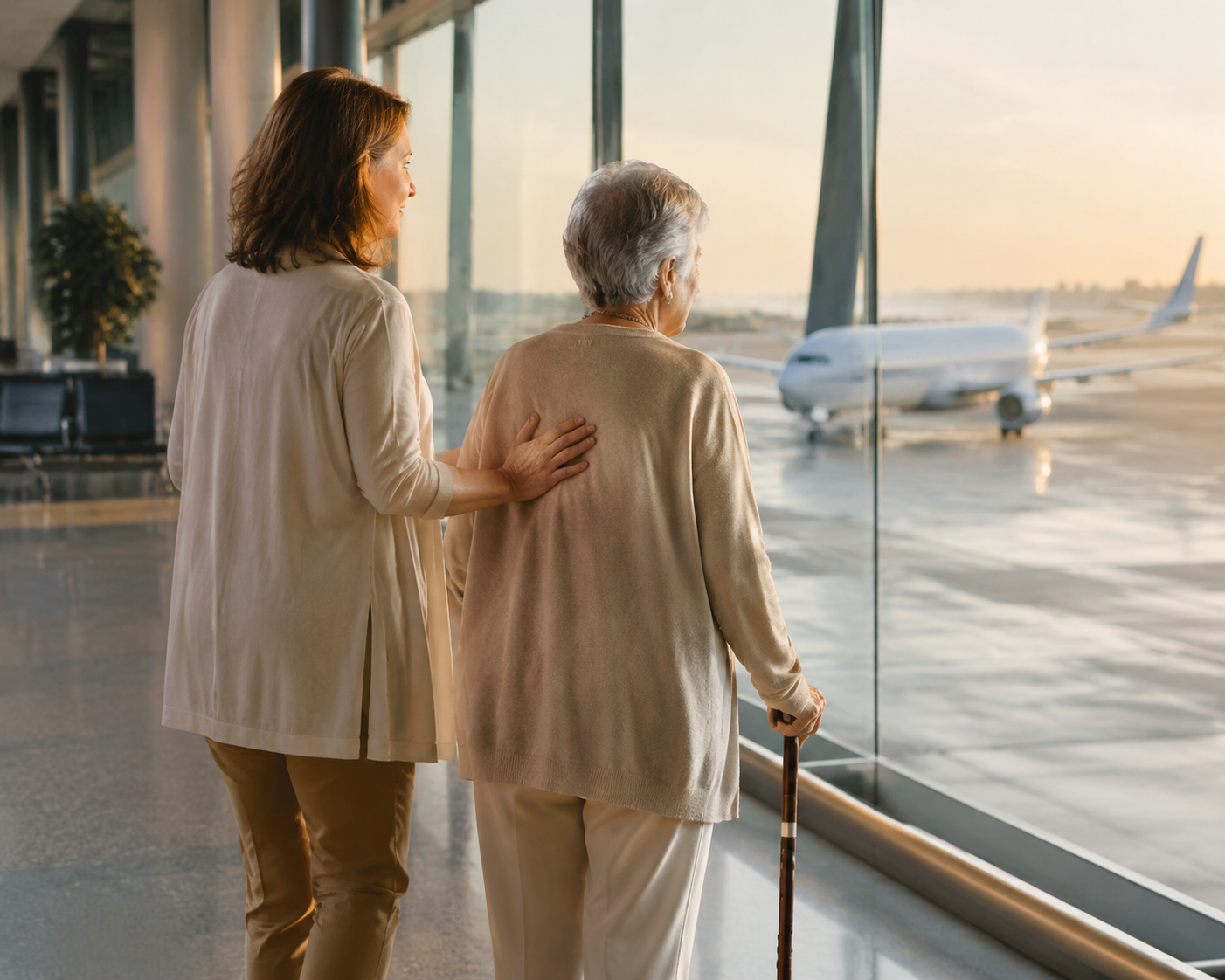 Adult child caregiver guiding an elderly parent with a cane through a bright airport terminal