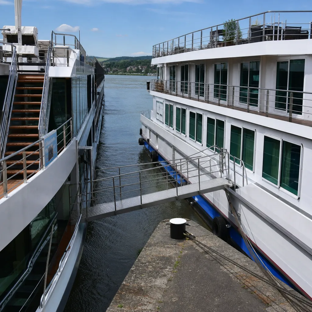Two river cruise ships rafted side by side with a narrow connecting walkway and visible stairs