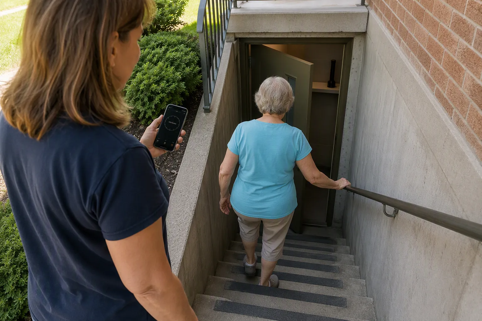 Adult daughter timing her elderly mother walking down basement stairs with a handrail toward a storm shelter