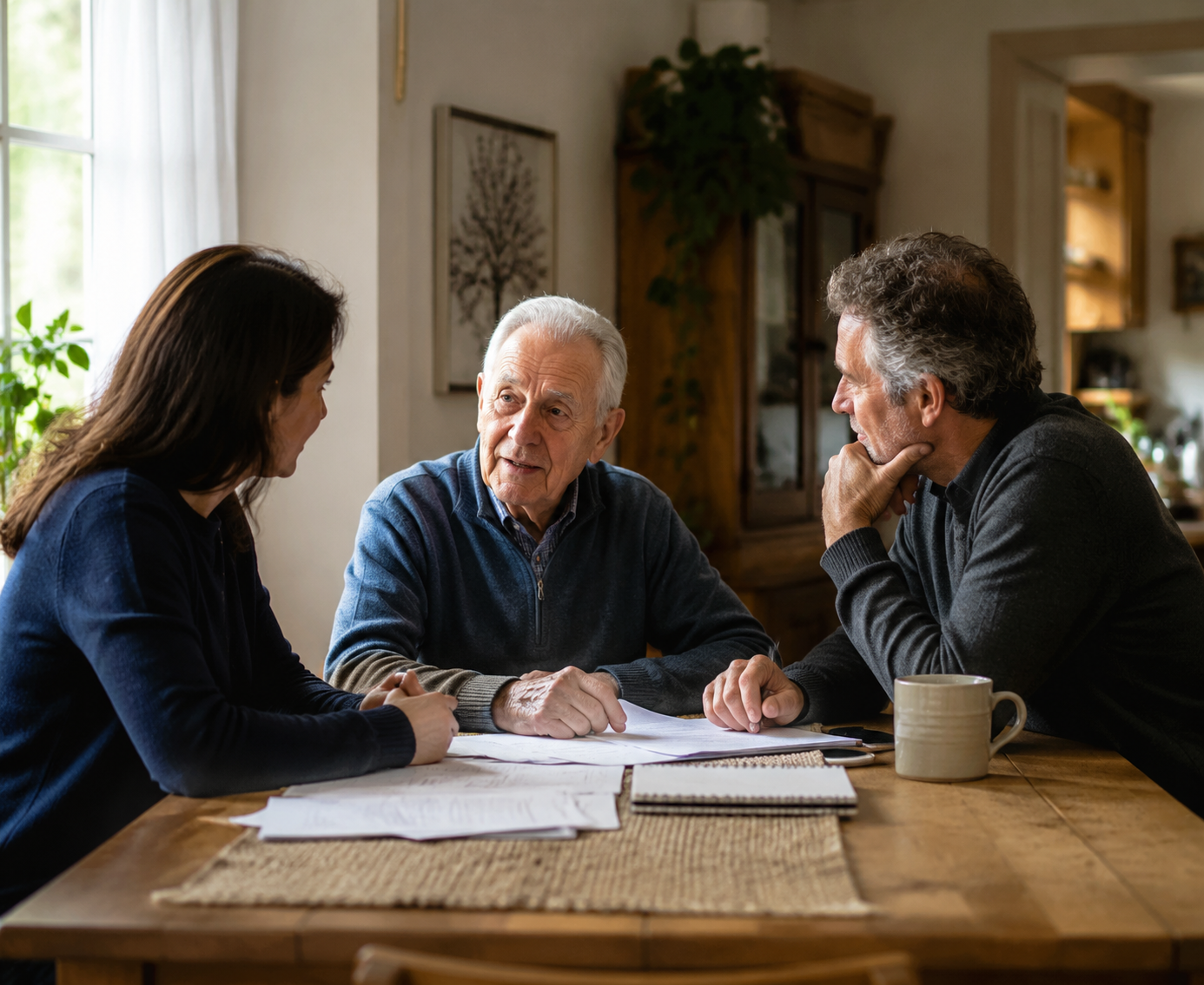 A multigenerational family seated around a sunlit dining table during a serious planning conversation