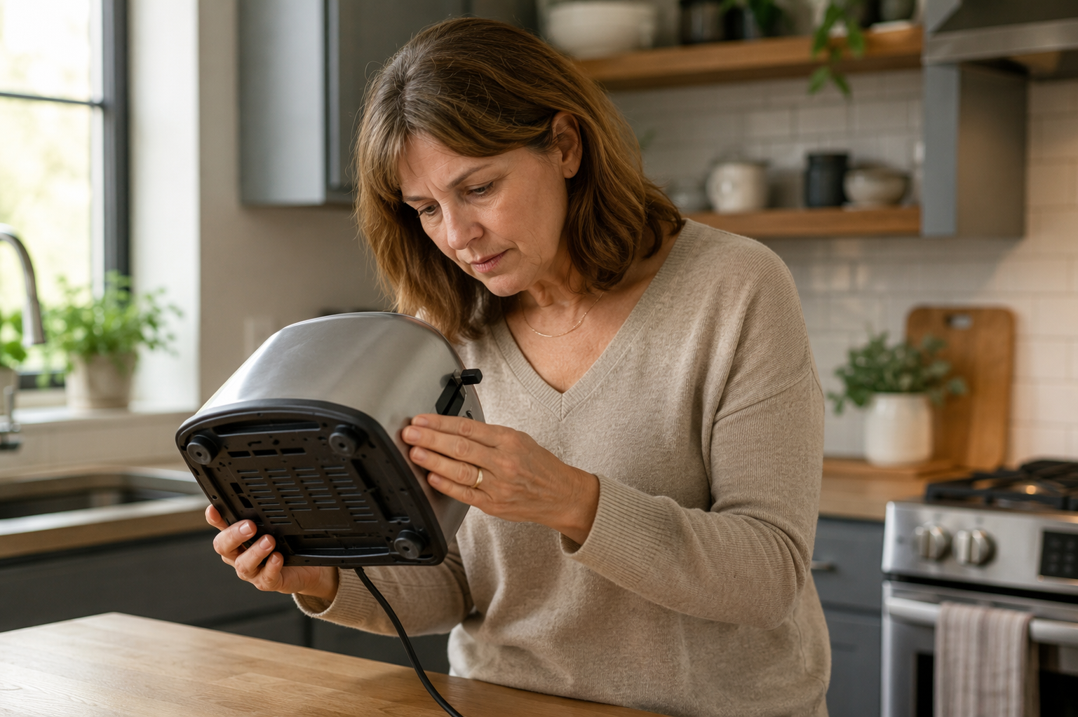 A caregiver tilts a toaster in a kitchen to look for the rating label on the bottom panel