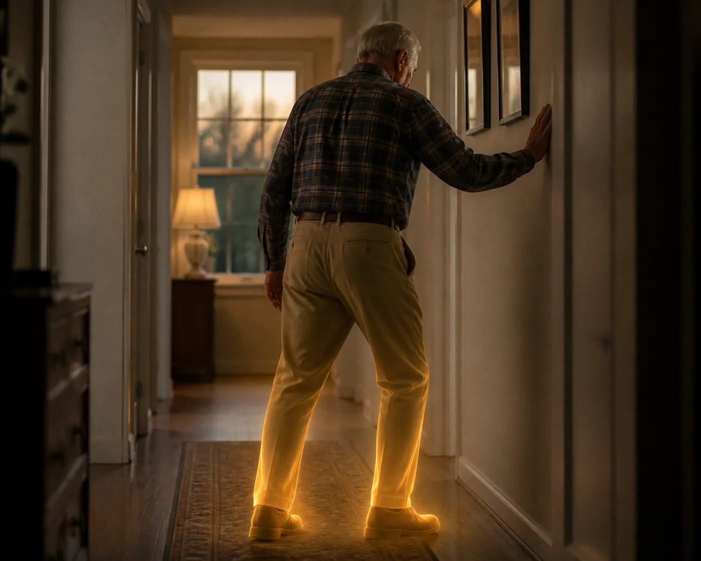 Older veteran bracing against a dim home hallway wall with a tentative wide stance