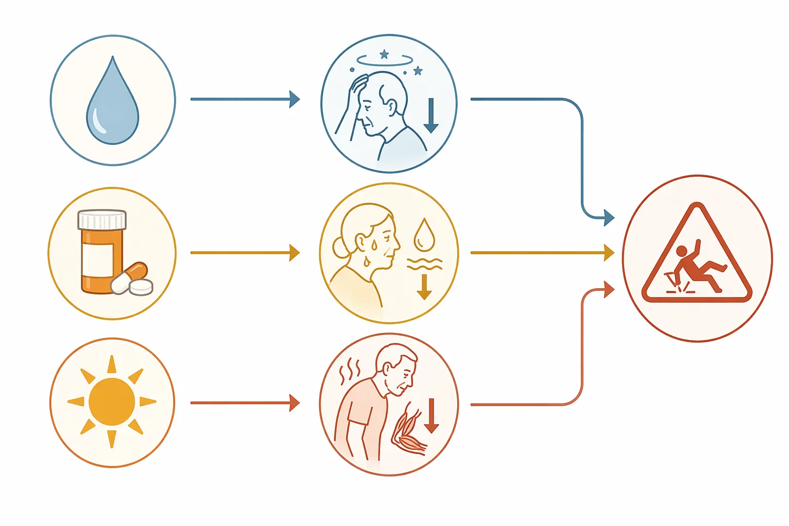 Infographic showing dehydration, heat-sensitive medications, and cumulative heat exposure leading to fall risk
