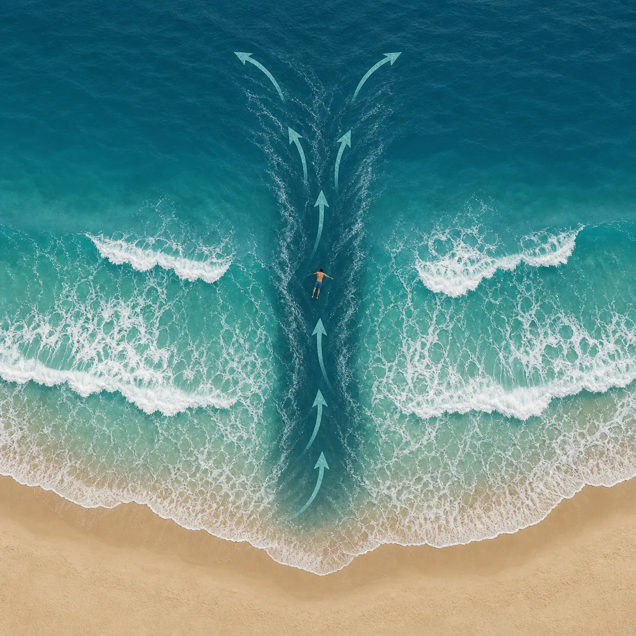 Illustration of a narrow rip current channel flowing away from shore between sandbars