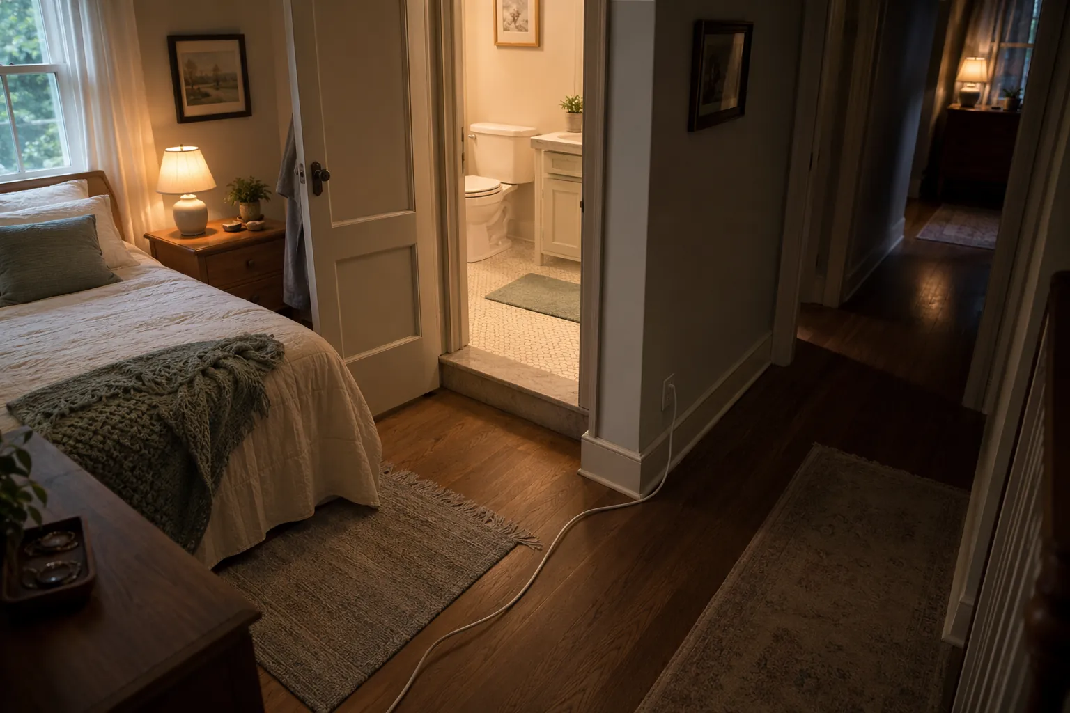 Home bedroom, bathroom doorway, and hallway with subtle fall hazards including dim lighting, a throw rug, and no bathroom grab bars