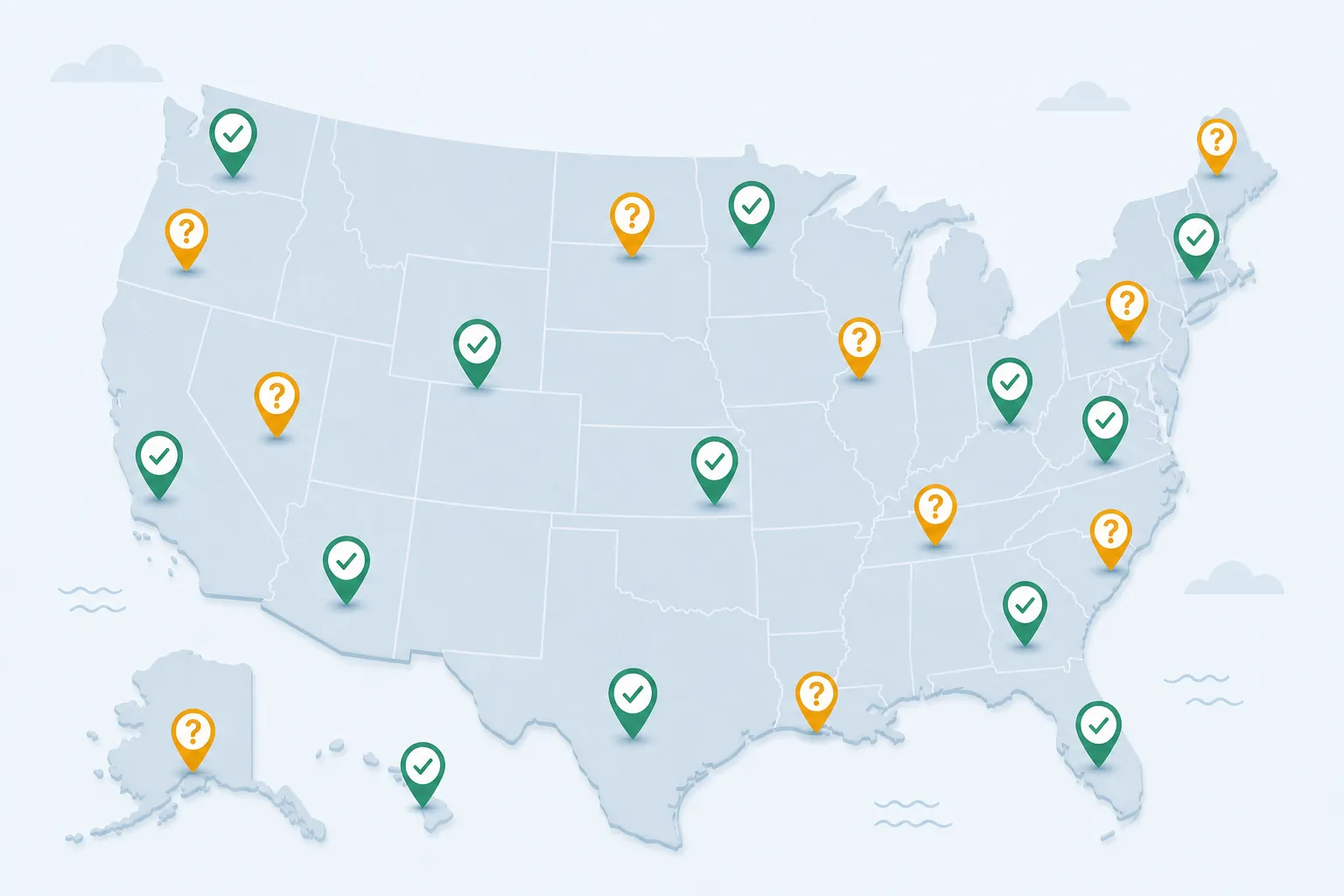 United States map with city pins showing that accessible airport ride availability varies by location