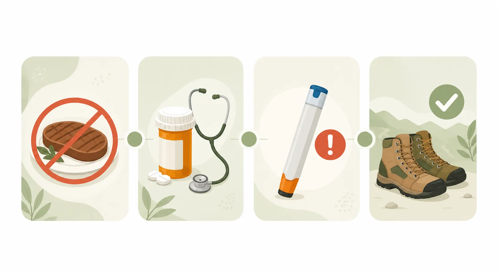 Four panels showing avoided steak, medication review, epinephrine, and tick prevention