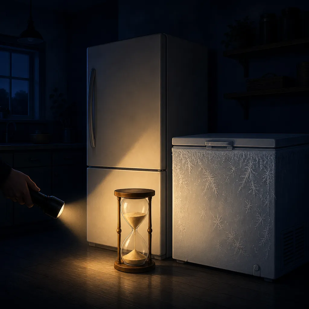 Closed refrigerator and freezer in a dark kitchen during an outage, lit by a flashlight with an hourglass in front