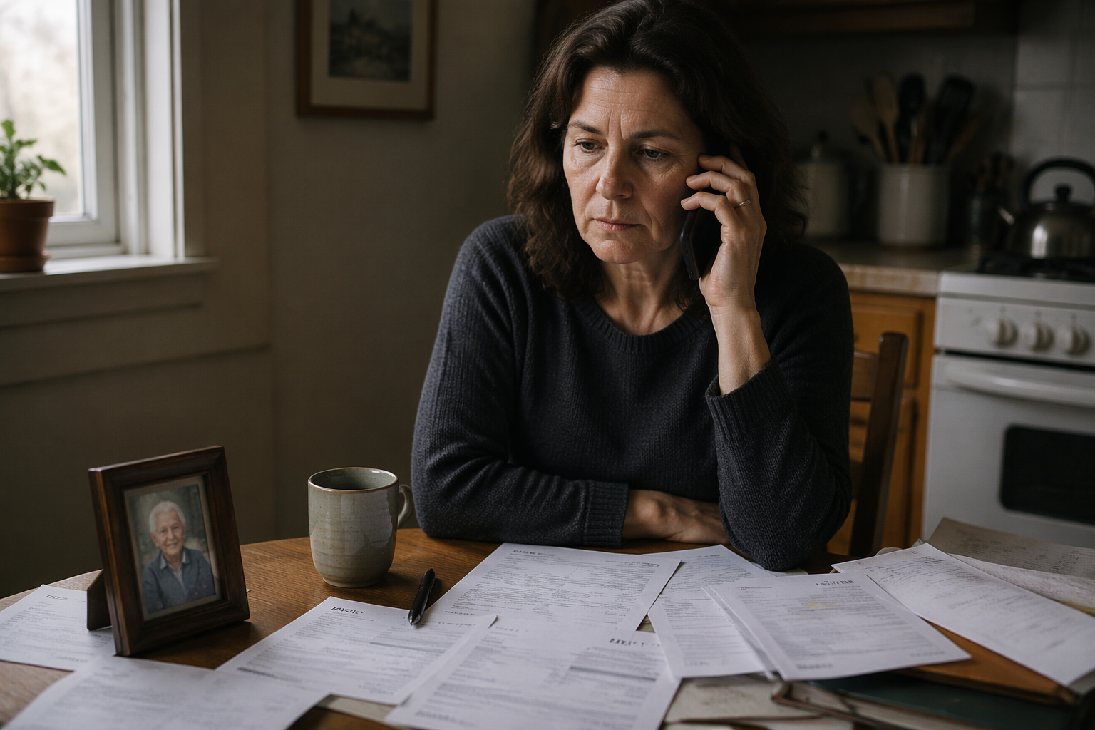 A woman at a kitchen table calling about Social Security paperwork after an elderly parent’s death