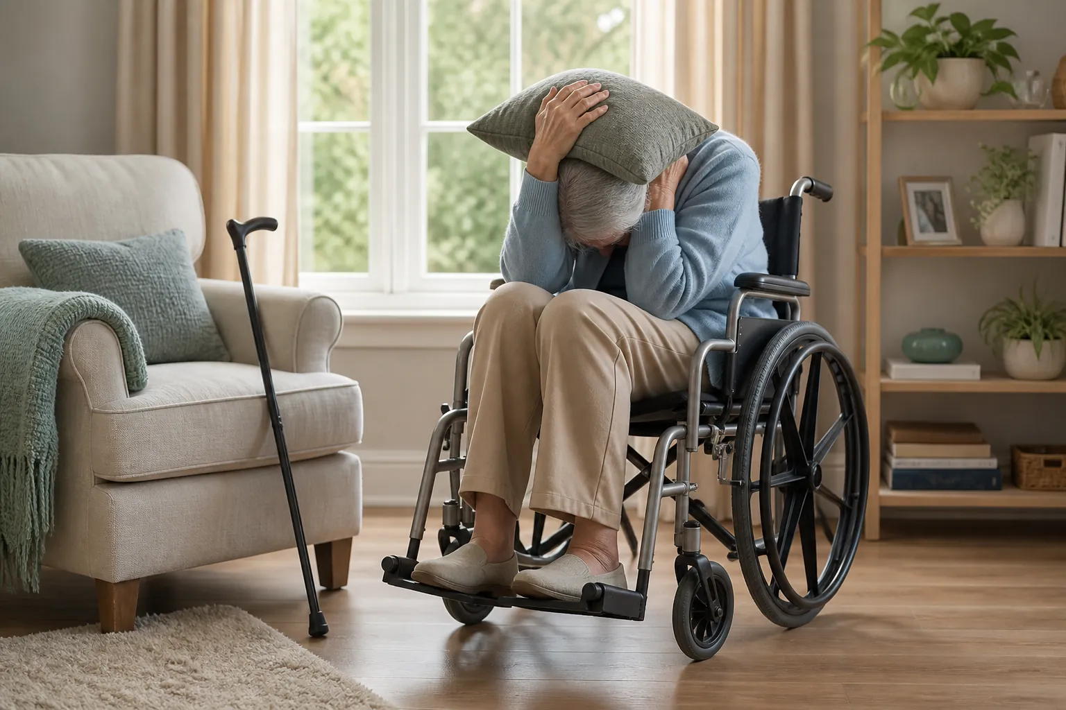 Older woman in a wheelchair covering her head and neck with her forearms and a pillow while a cane remains within reach