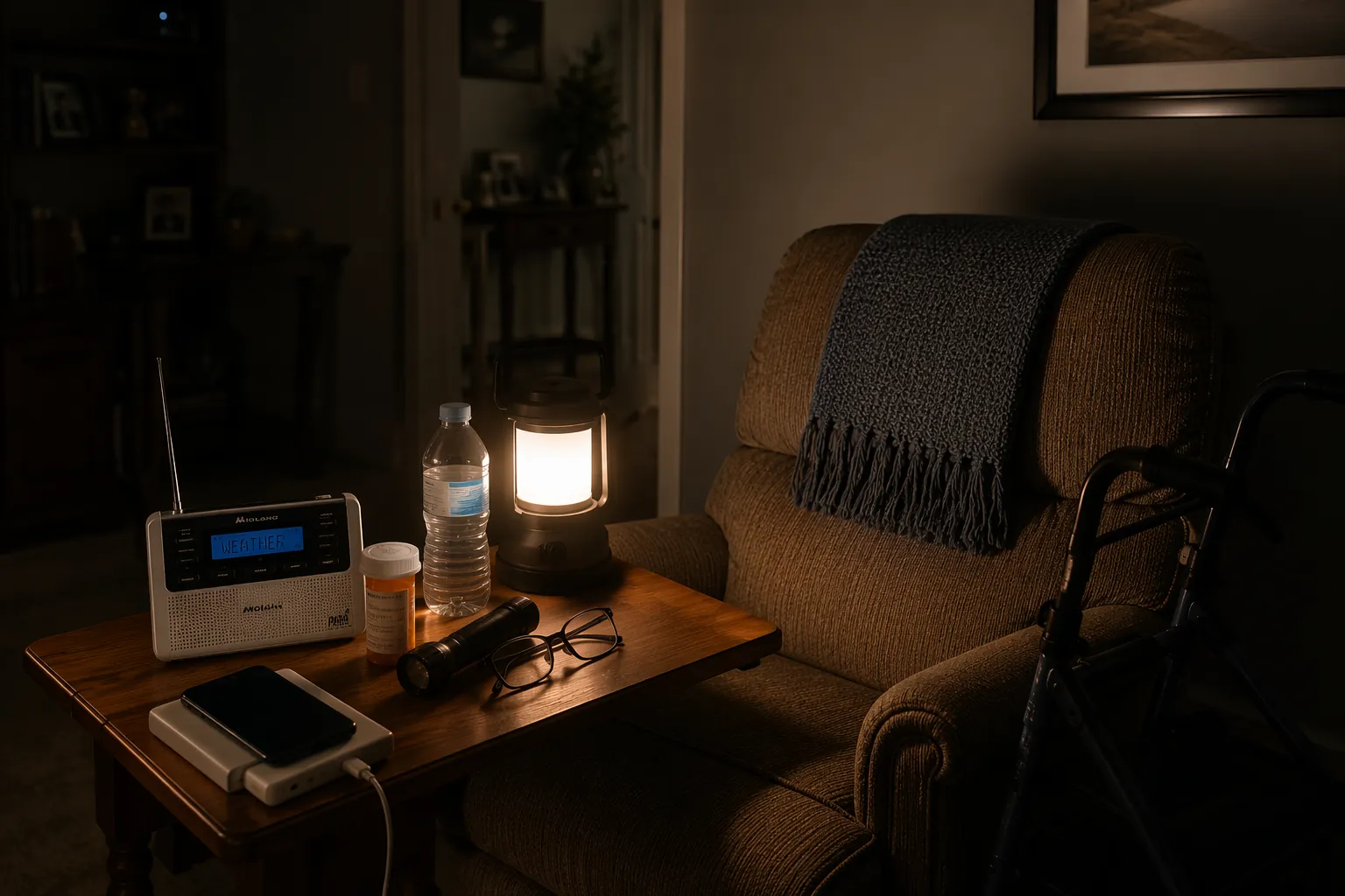 Prepared hurricane monitoring station with weather radio, flashlight, phone power bank, glasses, water, medication, lantern, and walker beside an armchair