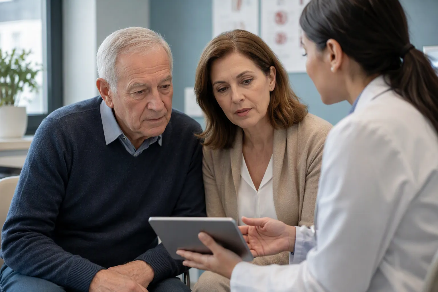 Older man and adult daughter discussing treatment options with a clinician using a tablet