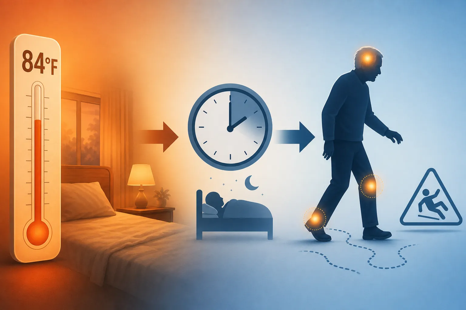 Diagram showing hot bedroom temperature leading to poor sleep and then unsteady walking and fall risk