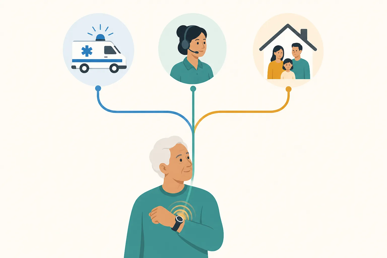 Three emergency alert pathways branching from a wearable device to 911, a monitoring operator, and household contacts