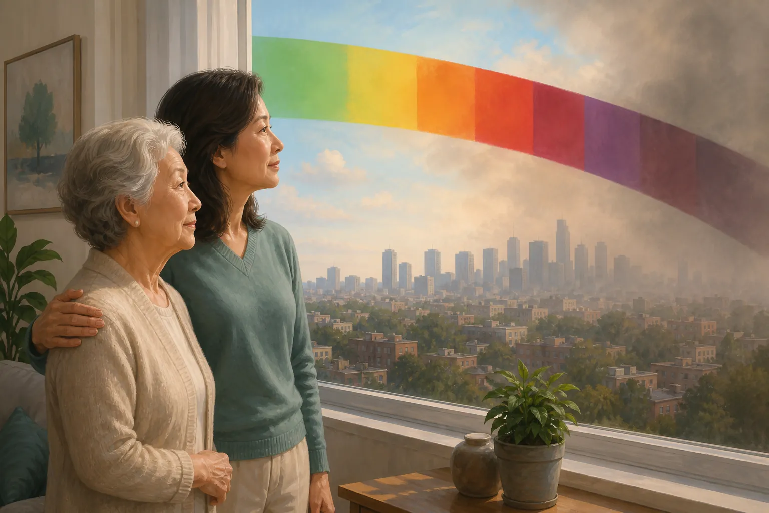 Older woman and adult daughter looking out at a hazy city skyline under six AQI color bands