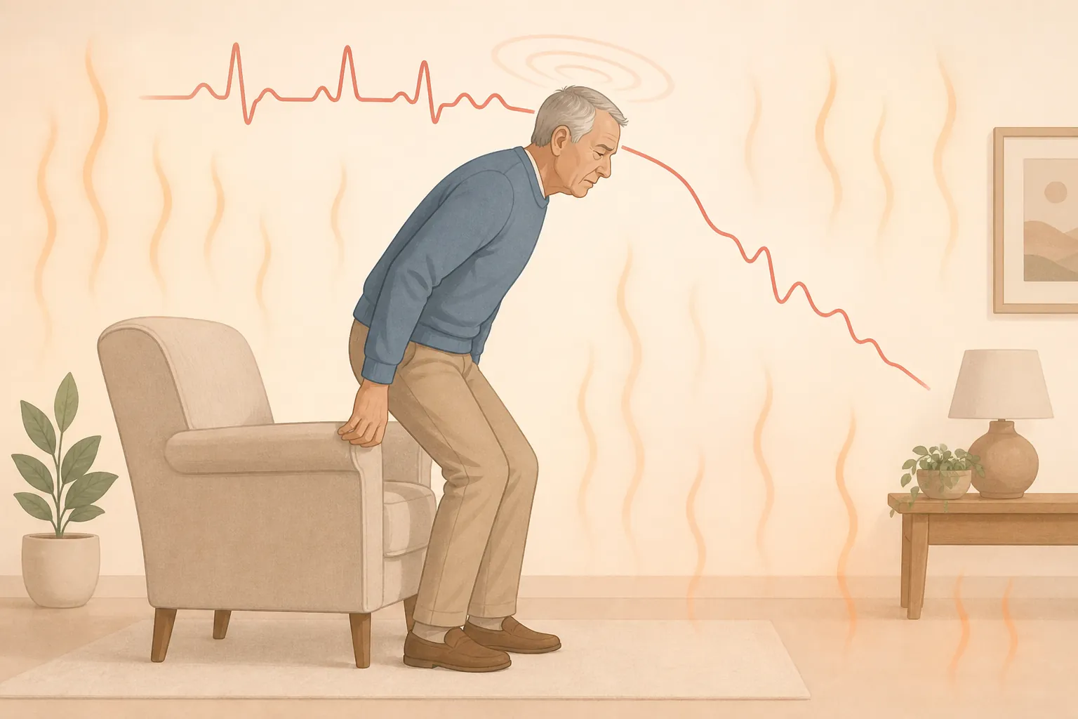 Illustration of an older man becoming dizzy as he stands in a hot room with a dipping pulse line