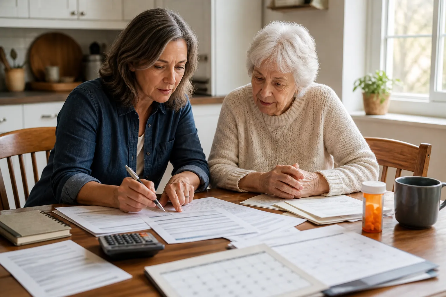 Adult daughter and elderly parent reviewing financial documents and a durable power of attorney form at a kitchen table