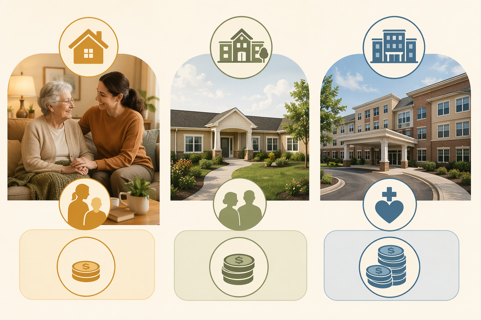 A clean editorial flat-lay with three visual comparisons: a home icon with caregiver silhouette and savings symbol for live-in companion care, an assisted living facility icon with mid-range cost symbol, and a nursing home icon with higher cost symbol, all on a warm cream background.