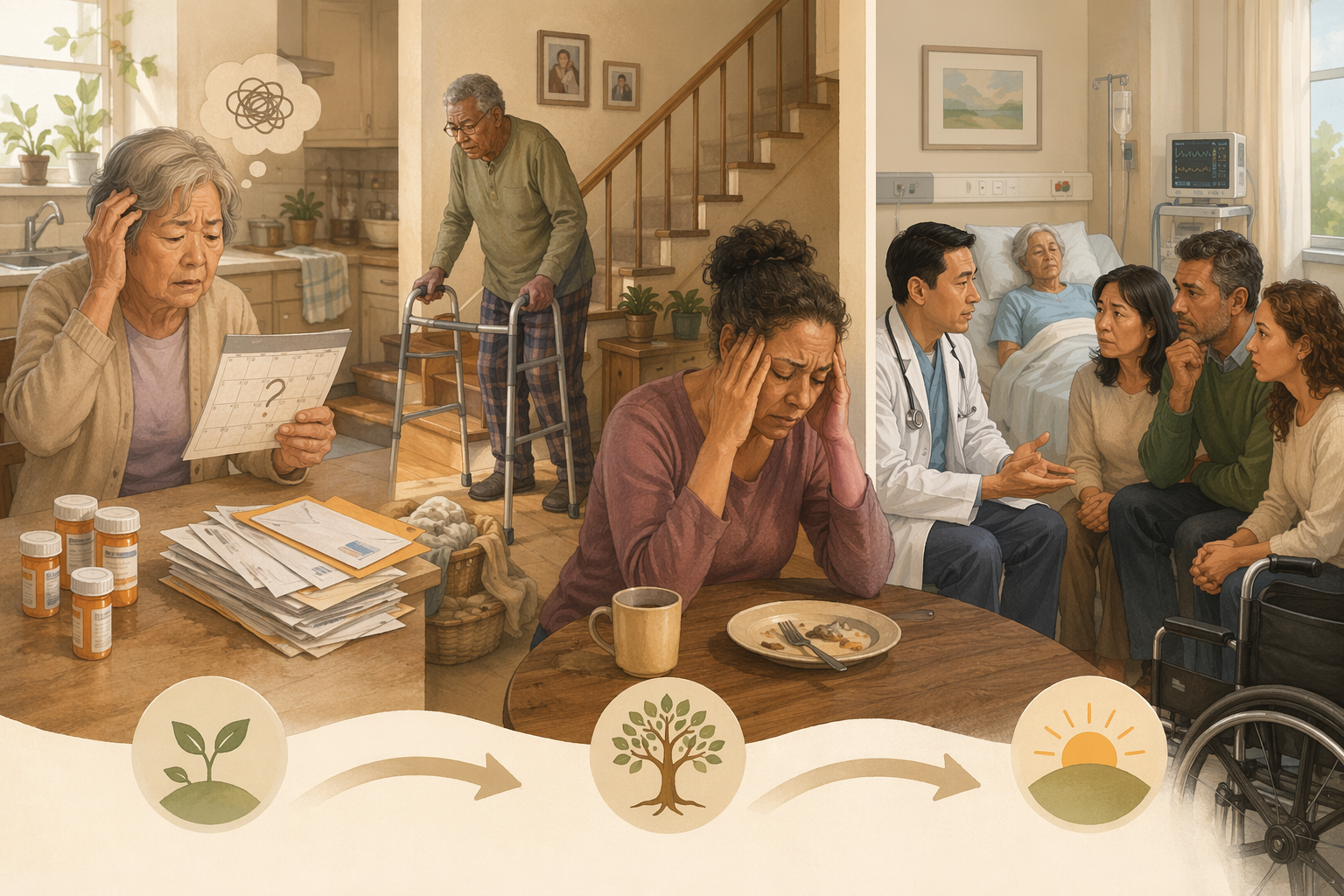 An editorial illustration showing three progressive stages arranged left to right connected by arrows. Stage 1 (Early): an older adult at home with pill bottles, unopened mail, and a confused expression. Stage 2 (Mid): an older adult with a walker near stairs and a stressed caregiver rubbing their temples at a table. Stage 3 (Crisis): a hospital room with a doctor speaking to concerned adult children and a wheelchair.