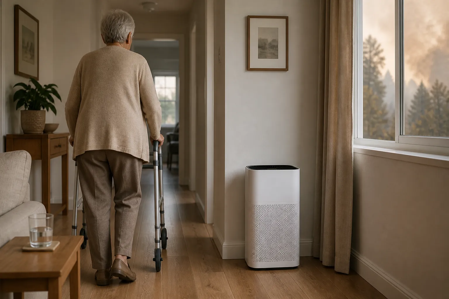 Older adult walking with a rolling walker through a clear hallway while an air purifier runs near the wall