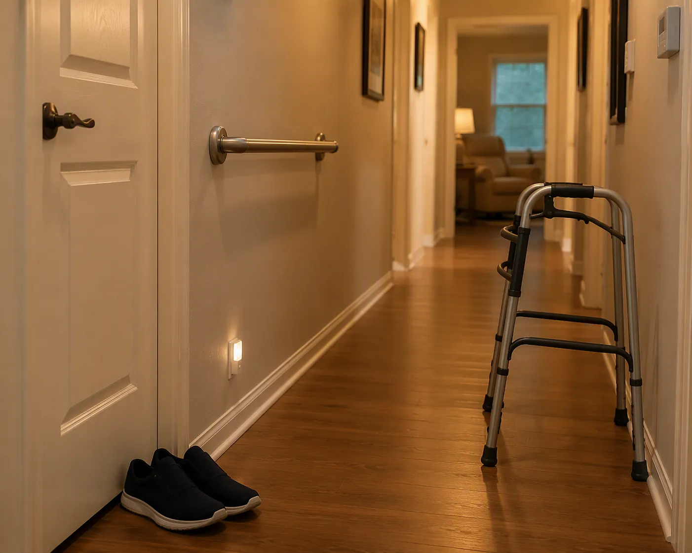 A clutter-free hallway with a grab bar, nightlight, supportive shoes, and walker ready for an older adult