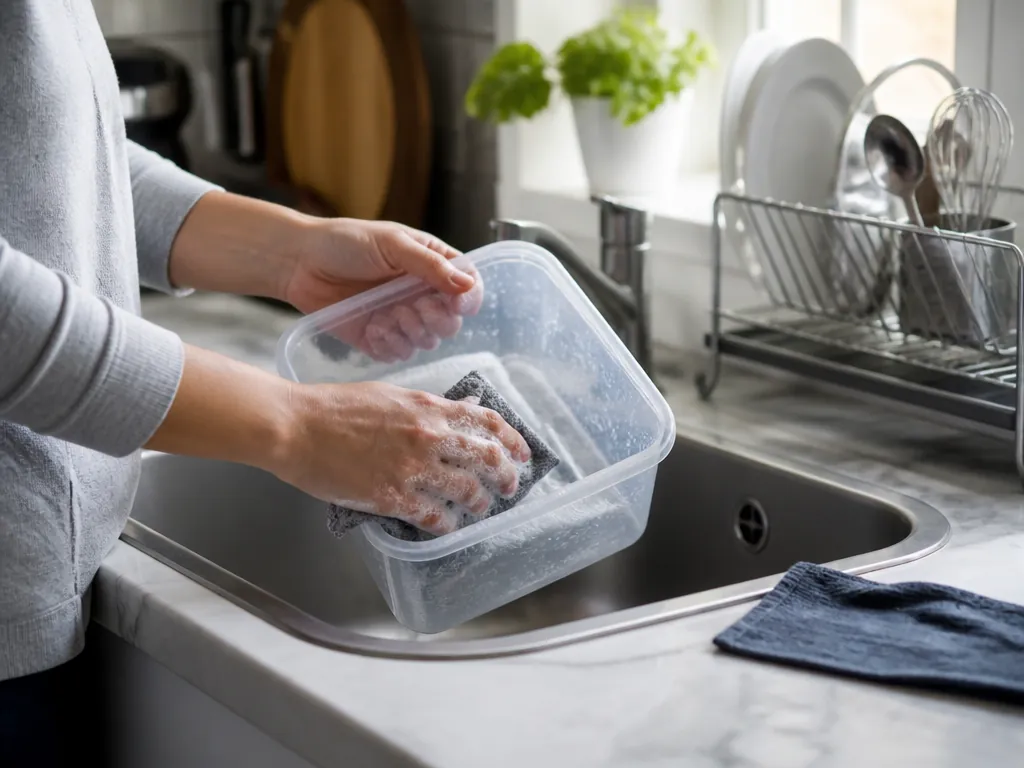 Hands wash a plastic freezer storage bin with hot soapy water at a kitchen sink