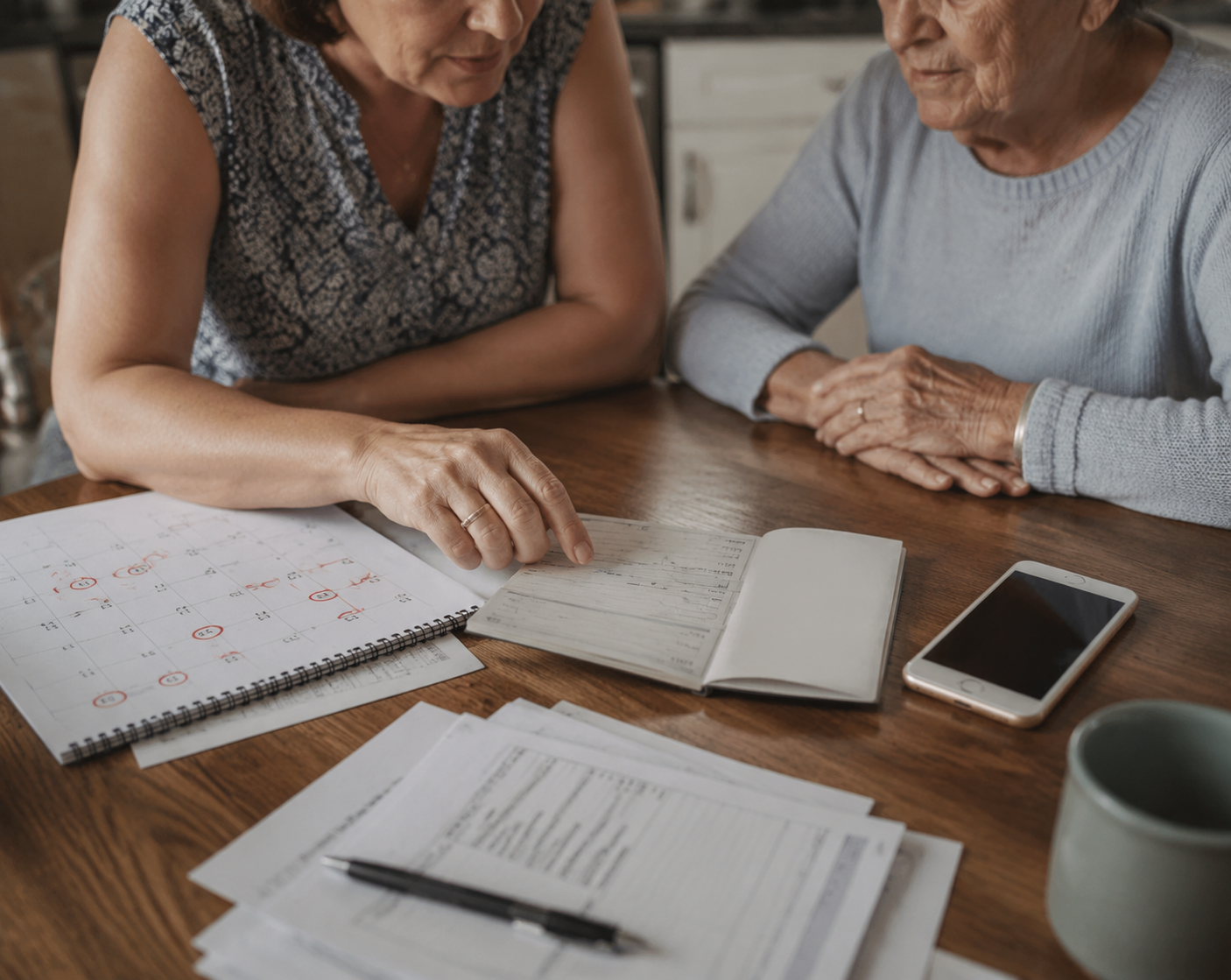 Caregiver reviewing SSI dates and paperwork with an older parent at the kitchen table.