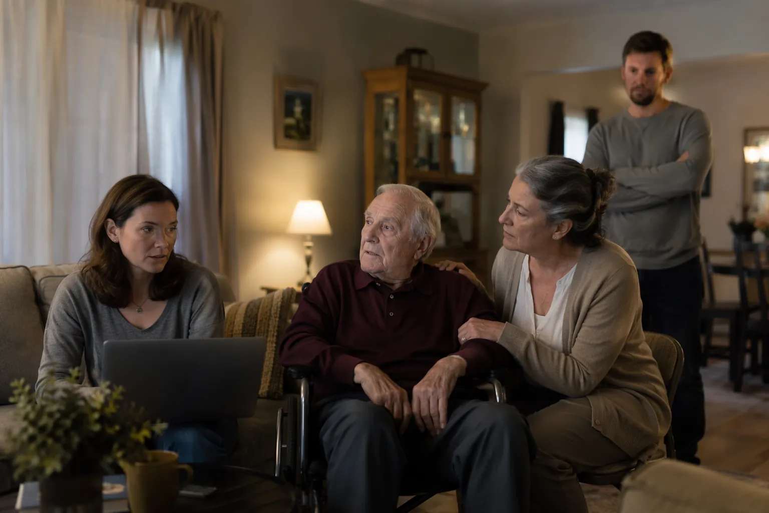 Family members in a living room showing different levels of caregiving involvement around an elderly person in a wheelchair